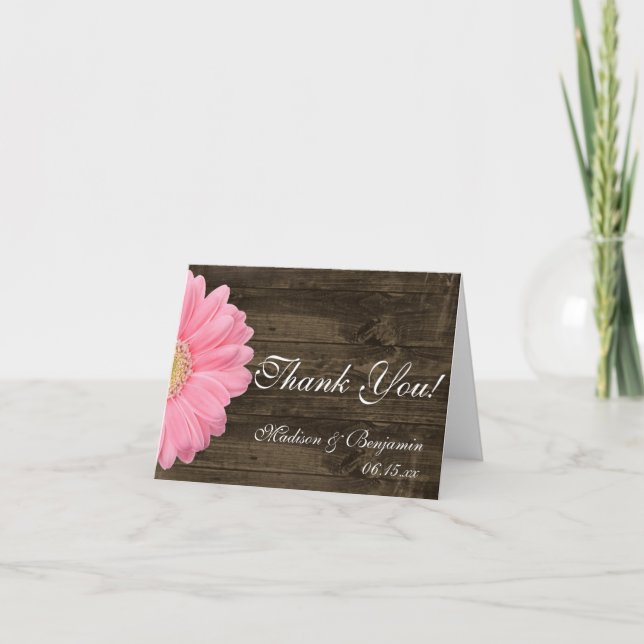Pink Daisy Rustic Wedding Thank You Cards (Front)