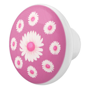 Pink Daisy Stripe Ceramic Knob