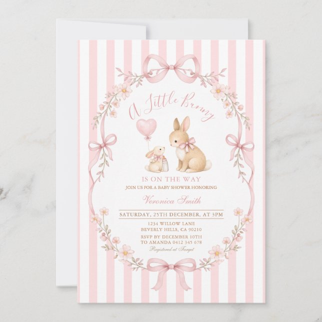 Pink Daisy Striped Bunny Baby Shower Invitation (Front)