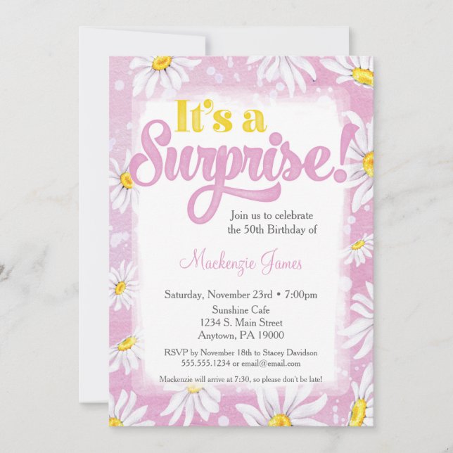 Pink Daisy Surprise Party Invitation Ladies Floral (Front)