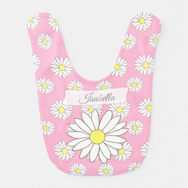 Pink  Daisy Themed Baby Girl Personalized Bib (Front)