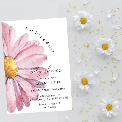 Pink daisy watercolor Baby in bloom Invitation