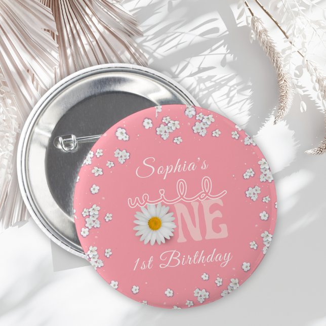 Pink Daisy Wild One 1st Birthday  Button (Creator Uploaded)