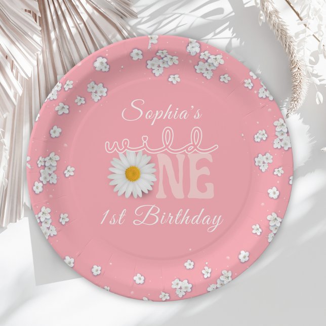 Pink Daisy Wild One 1st Birthday  Paper Plates (Creator Uploaded)