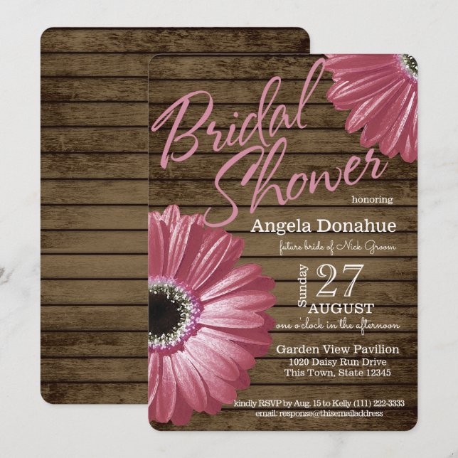 Pink Daisy Wood Bridal Shower Invitation (Front/Back)