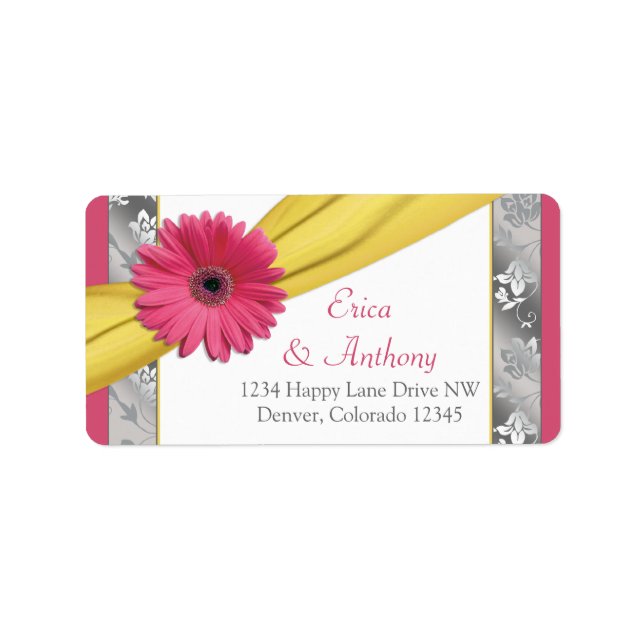 Pink Daisy Yellow Damask Wedding Address Labels (Front)