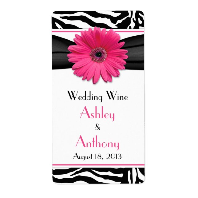 Pink Daisy Zebra Print Wedding Wine Bottle Labels (Front)