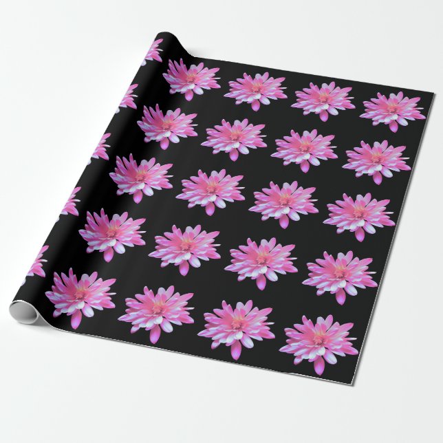 Pink daisy, zinnia, cosmo, sunflower pattern wrapping paper (Unrolled)