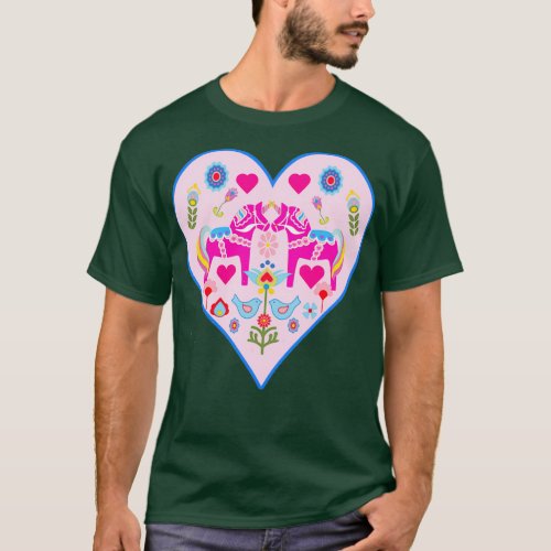 Pink Dala Horse Unicorn Heart Swedish Dalecarlian  T_Shirt