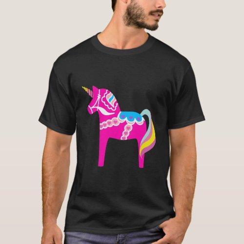 Pink Dala Horse Unicorn Swedish Dalecarlian Horse T_Shirt