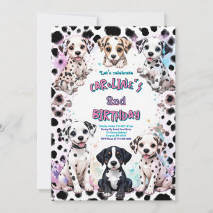 Pink Dalmatian Puppies Purple Birthday Invitation