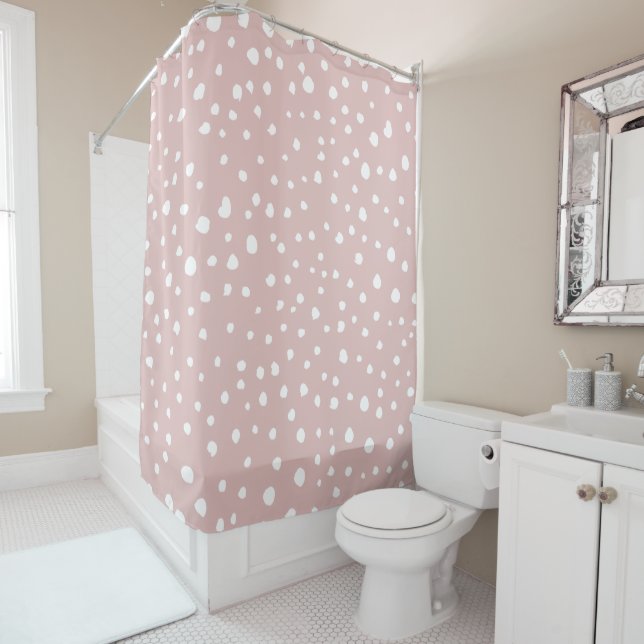 Pink Dalmatian Spots, Dalmatian Dots, Dotted Print Shower Curtain (In Situ)