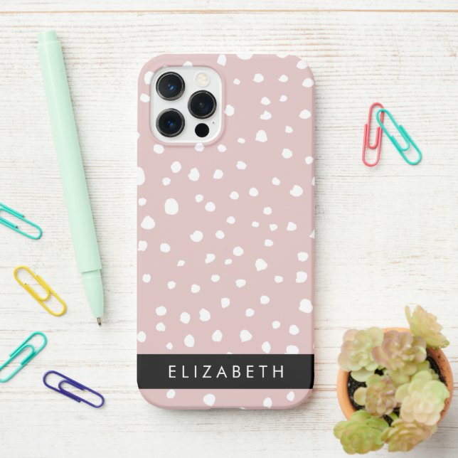 Pink Dalmatian Spots, Dalmatian Dots, Your Name iPhone Case (On Desk)