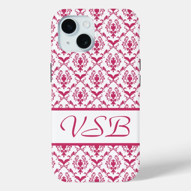 Pink Damask #2 with monogram at VictoriaShaylee Case-Mate iPhone Case (Back)