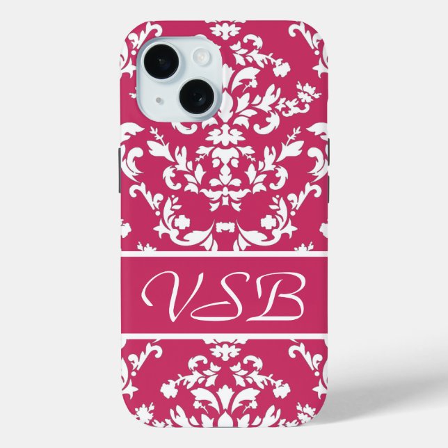 Pink Damask #3 with monogram at VictoriaShaylee Case-Mate iPhone Case (Back)