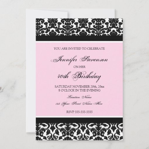 Pink Damask 40th Birthday Party Invitations | Zazzle