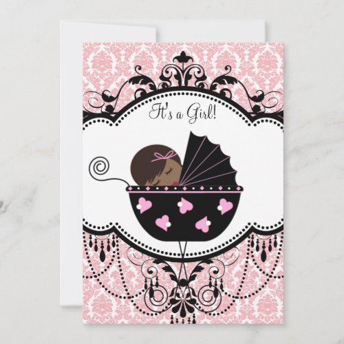 Pink Damask African American Baby Girl Shower Invitation