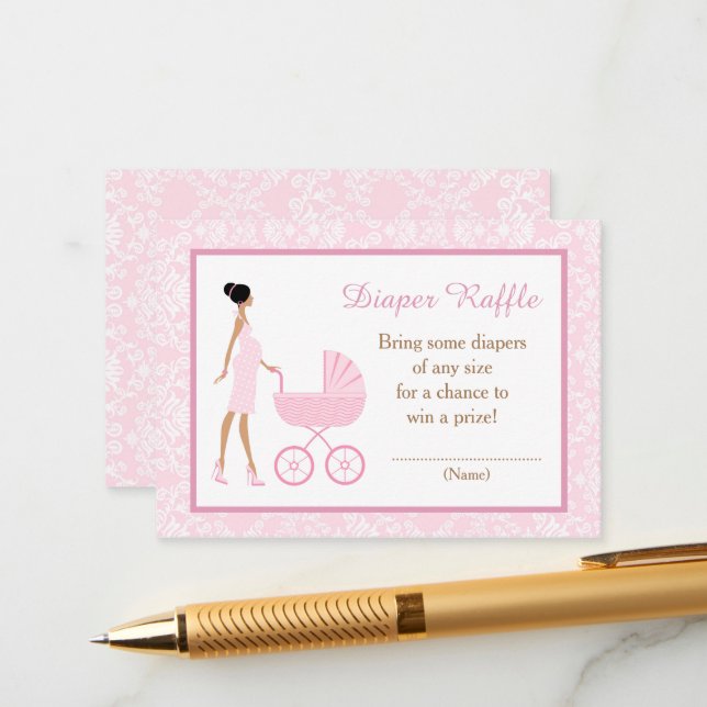 Pink Damask African American Baby Shower Raffle Enclosure Card (Front/Back In Situ)
