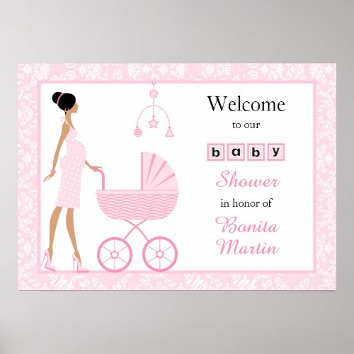 Pink Damask African American Girl Baby Shower Poster