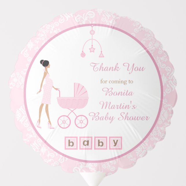 Pink Damask African American Woman Baby Shower Balloon (Front)