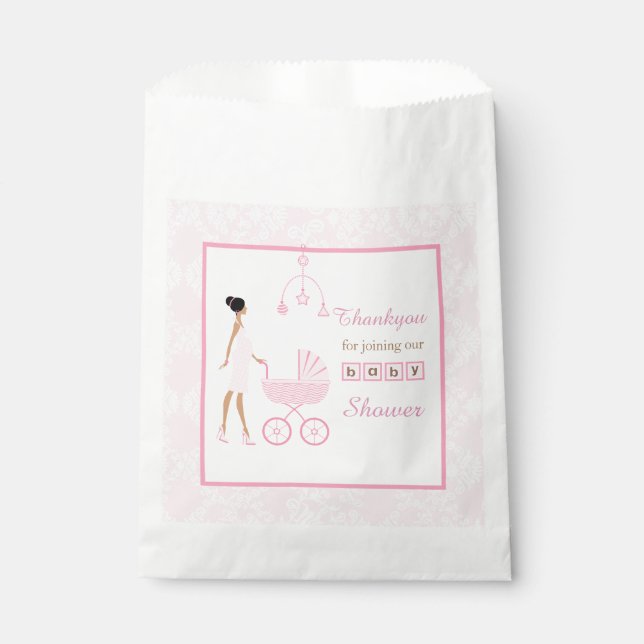 Pink Damask African American Woman Baby Shower Favor Bag (Front)