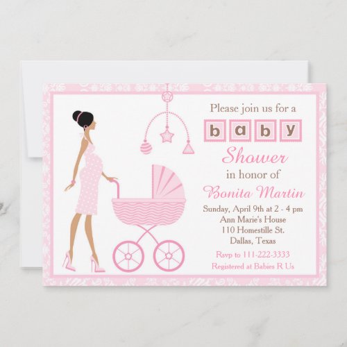 Pink Damask African American Woman Baby Shower Invitation