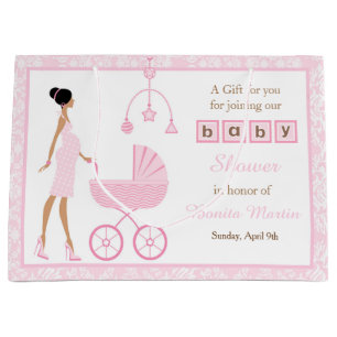 Pink Damask African American Woman Baby Shower Large Gift Bag