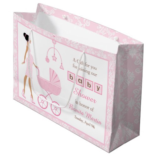 Pink Damask African American Woman Baby Shower Large Gift Bag