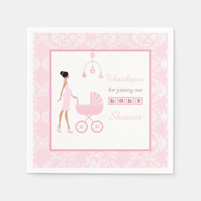 Pink Damask African American Woman Baby Shower Napkins (Front)