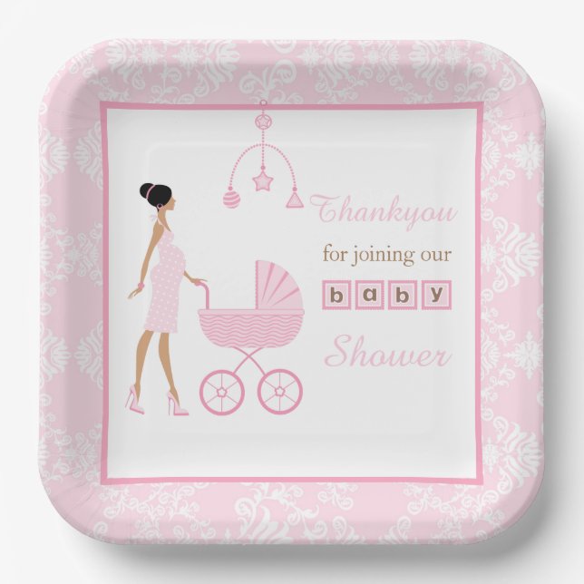 Pink Damask African American Woman Baby Shower Paper Plates (Front)