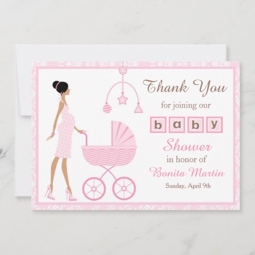 Pink Damask African American Woman Baby Shower Thank You Card