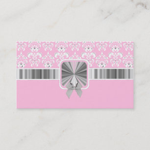 Pink damask and bow business card