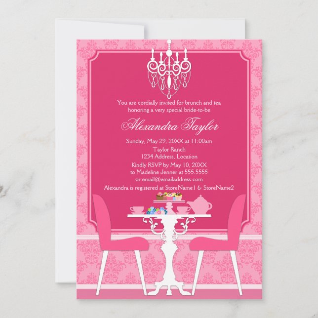 Pink Damask and Chandelier Bridal Tea Party Invitation (Front)