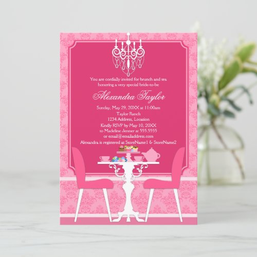 Pink Damask and Chandelier Bridal Tea Party Personalized Announcement