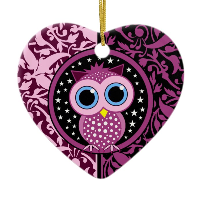 pink damask and cute owl christmas tree ornament