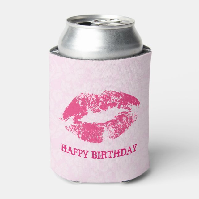 Pink Damask And Pink Lips Can Cooler (Can Front)