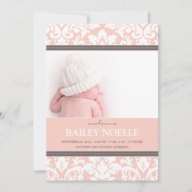 PINK DAMASK BABY | BIRTH ANNOUNCEMENT (Front)