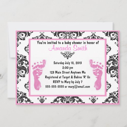 Pink Damask Baby Feet Girl Baby Shower Invitations