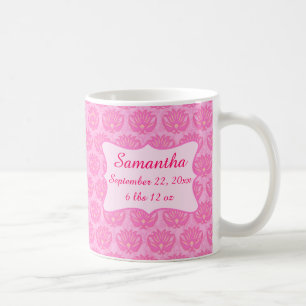 Pink Damask Baby Girl Name Personalized Birth Coffee Mug