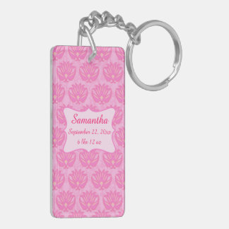 Pink Damask Baby Girl Name Personalized Birth Keychain