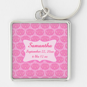 Pink Damask Baby Girl Name Personalized Birth Keychain