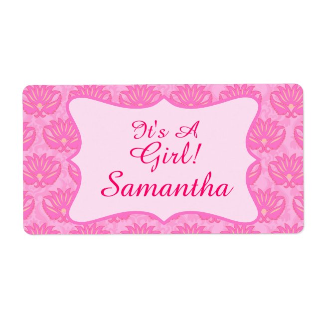 Pink Damask Baby Girl Name Personalized Birth Label (Front)