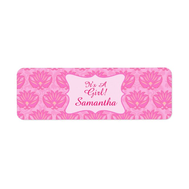 Pink Damask Baby Girl Name Personalized Birth Label (Front)