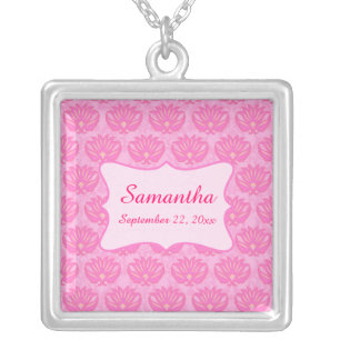 Pink Damask Baby Girl Name Personalized Birth Silver Plated Necklace