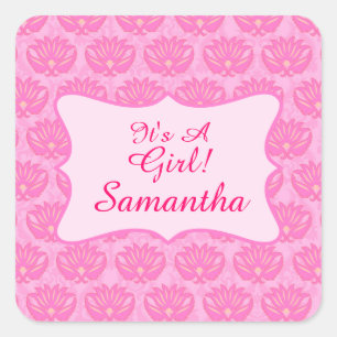 Pink Damask Baby Girl Name Personalized Birth Square Sticker