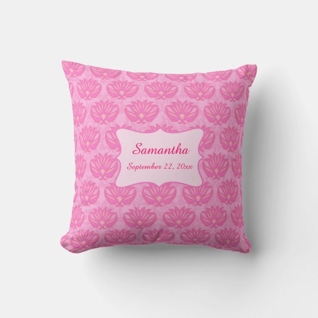 Pink Damask Baby Girl Name Personalized Birth Throw Pillow (Front)