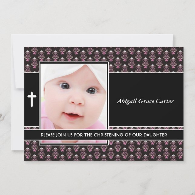 Pink Damask Baby Girl Photo Christening Invitation (Front)
