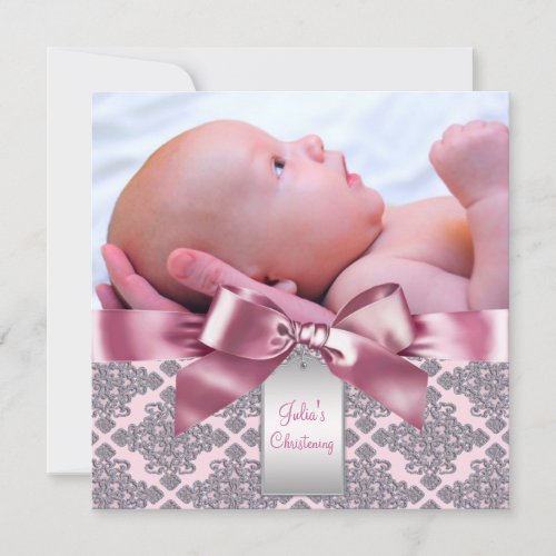 Pink Damask Baby Girl Photo Christening Invitations