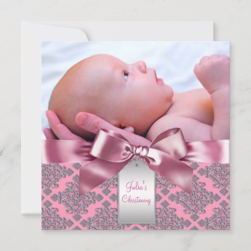Pink Damask Baby Girl Photo Christening Announcement
