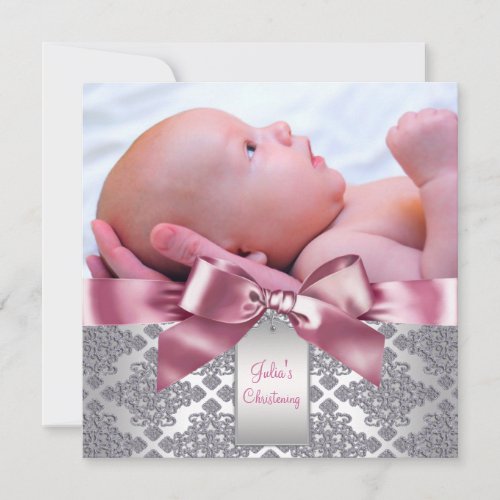 Pink Damask Baby Girl Photo Christening Invitation